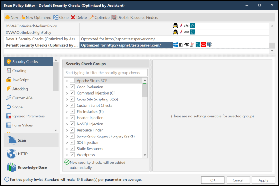 Scan Policy Editor window in Invicti Standard. 