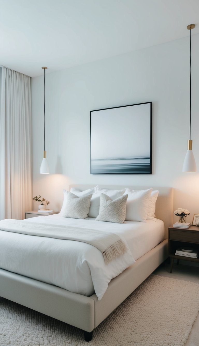 A serene bedroom with a snow-white accent wall, adorned with minimalist decor and soft lighting