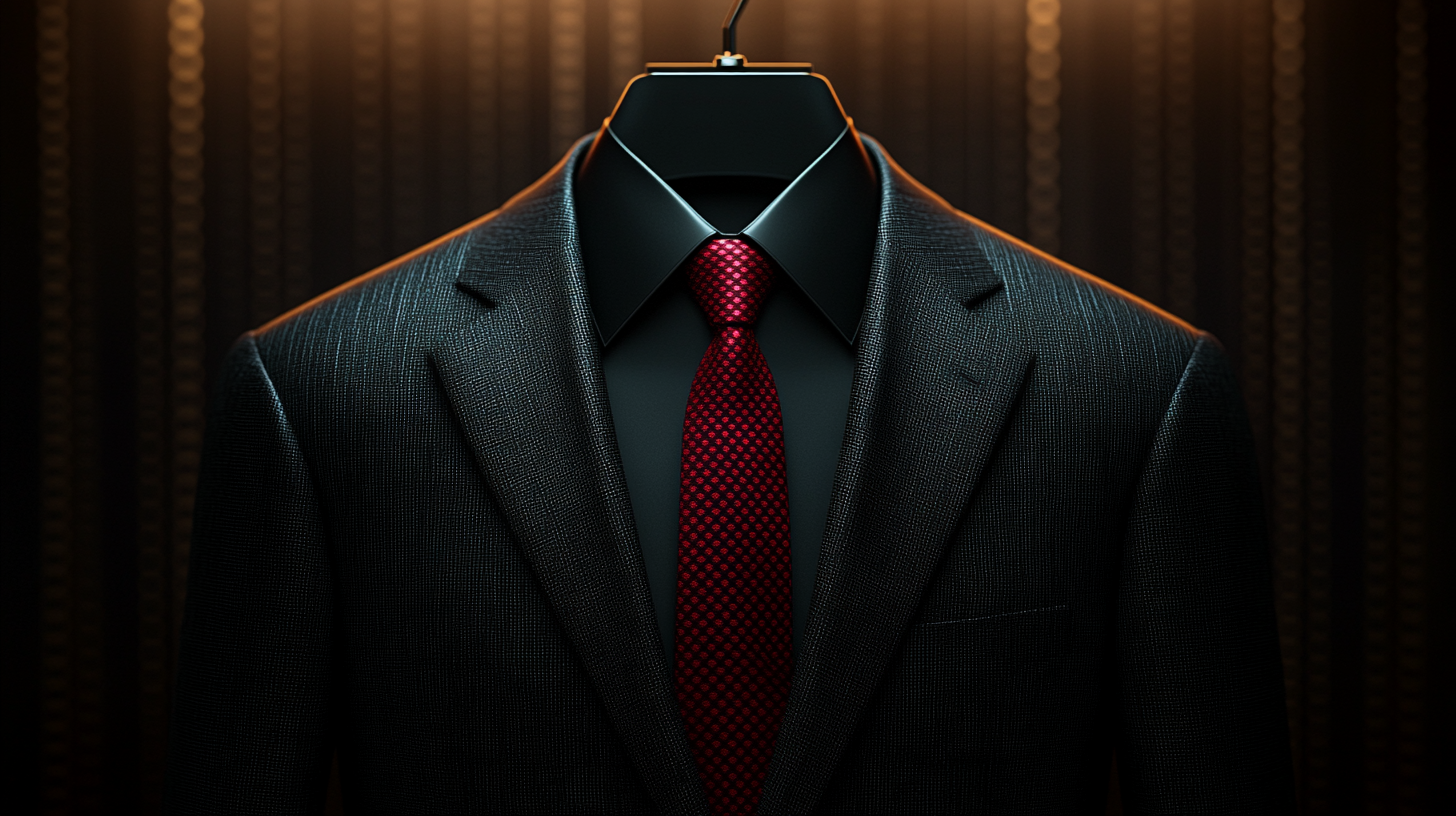 A sleek black suit jacket with a black dress shirt and a bold red, burgundy, or gold tie, neatly hung on a hanger. The dark-on-dark tones create a powerful and modern look, while the bold tie adds contrast. Dramatic lighting enhances the fabric details. Ultra-detailed, 8K resolution.