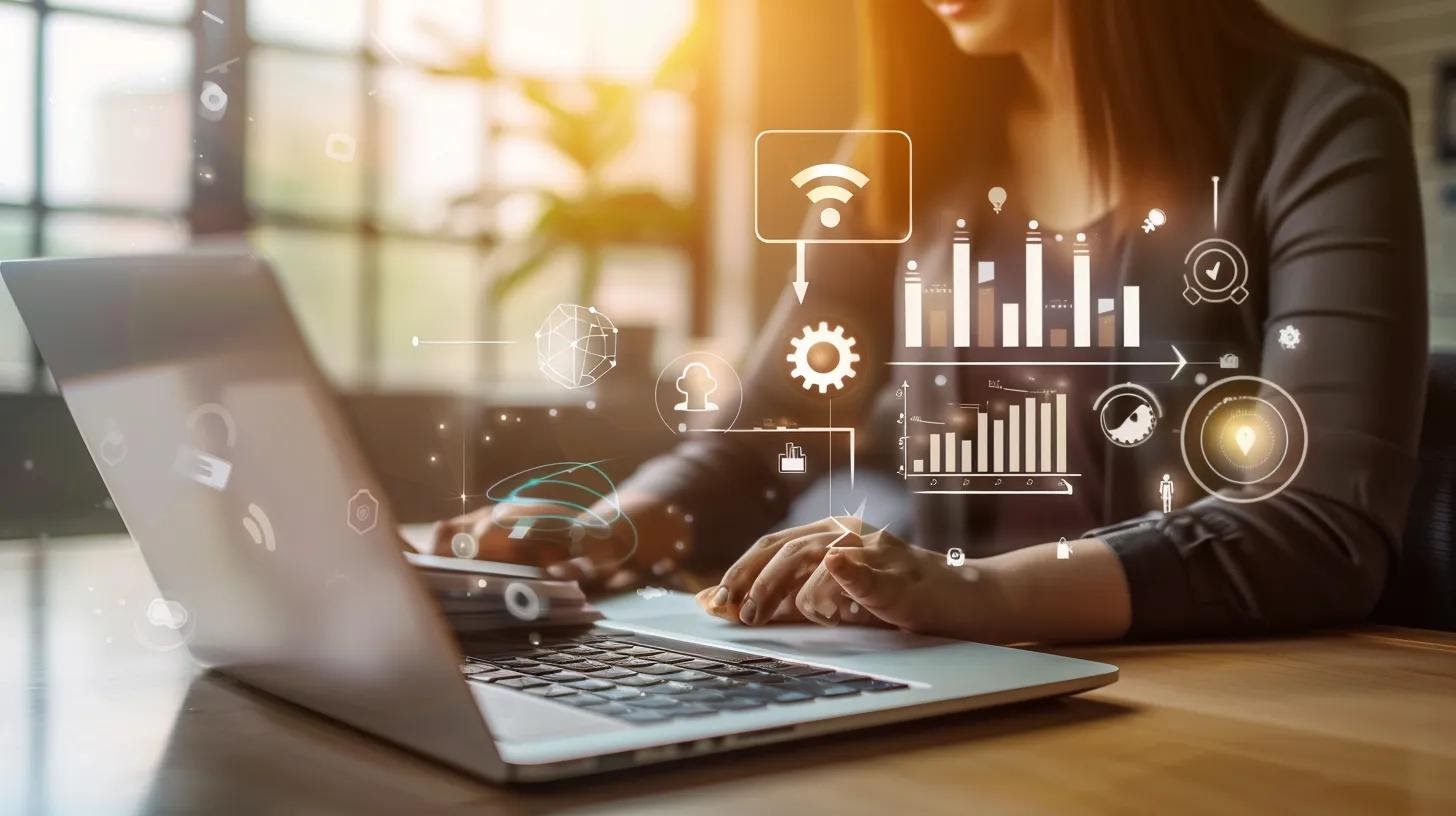 a sleek, modern office workspace showcases a digital marketing expert strategically analysing data on a laptop, surrounded by infographics highlighting effective seo strategies and high-quality backlinks that enhance online credibility and visibility.