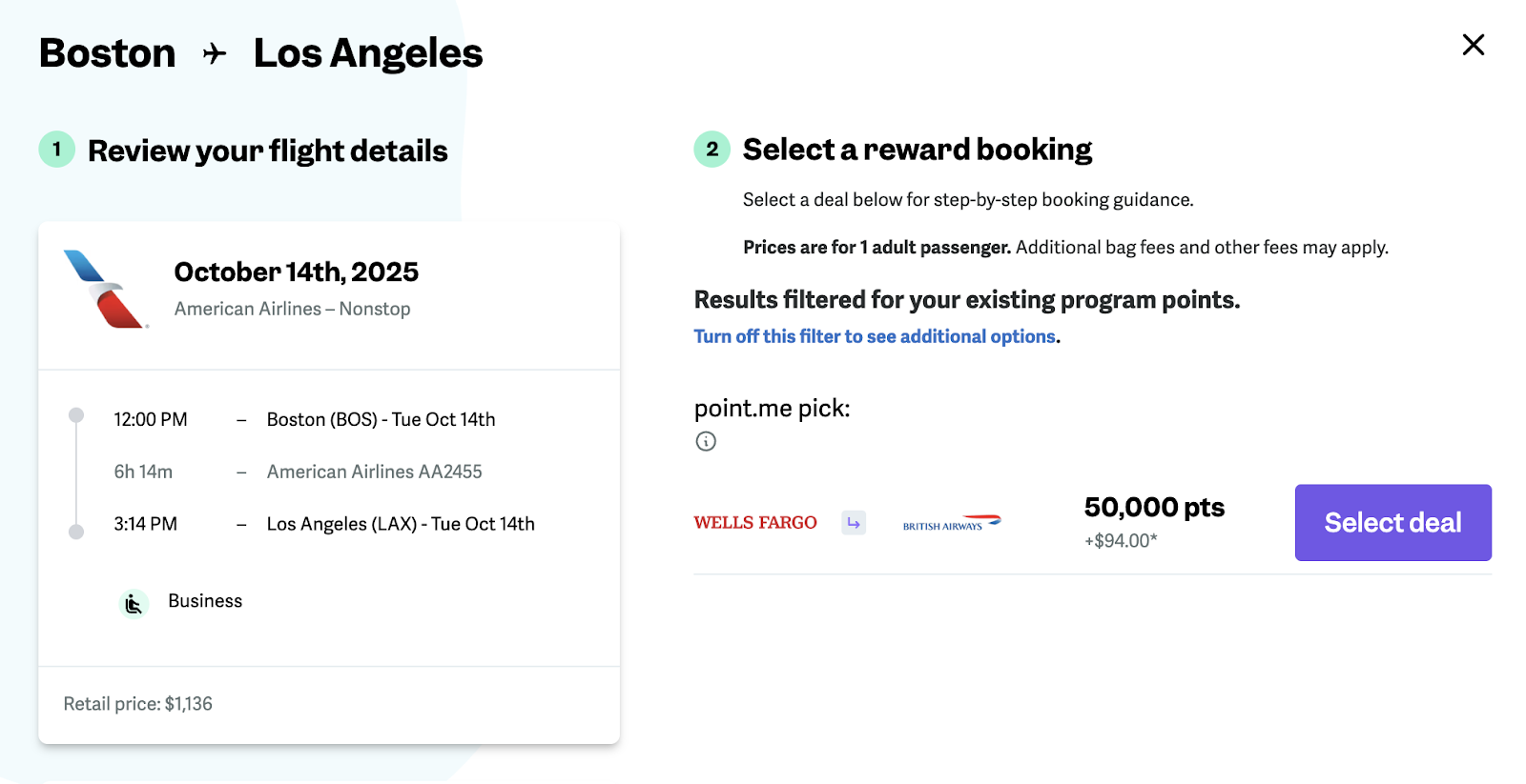 point.me booking using Wells Fargo points