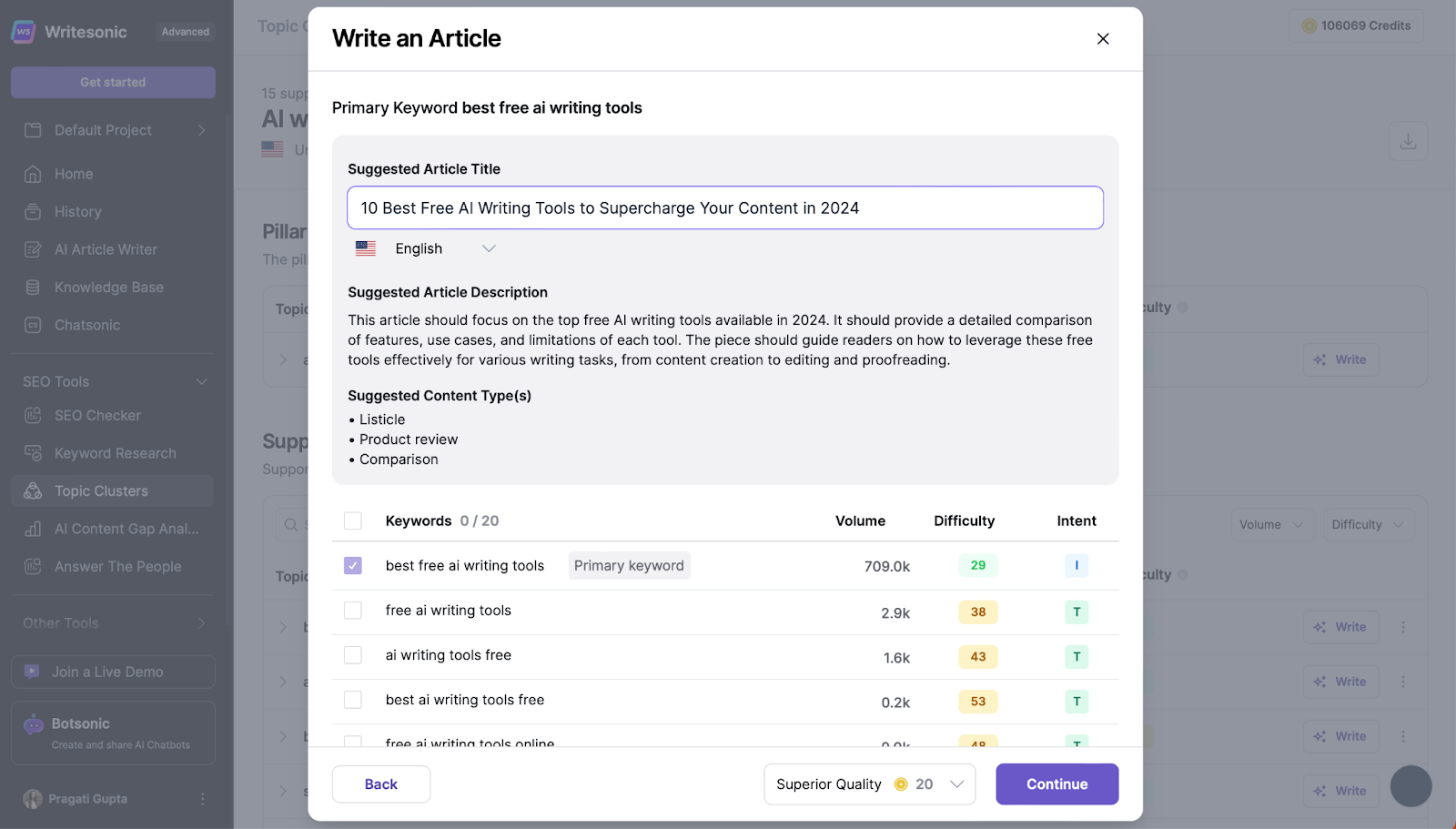 Writesonic's Topic Clusters Tool - Content automation