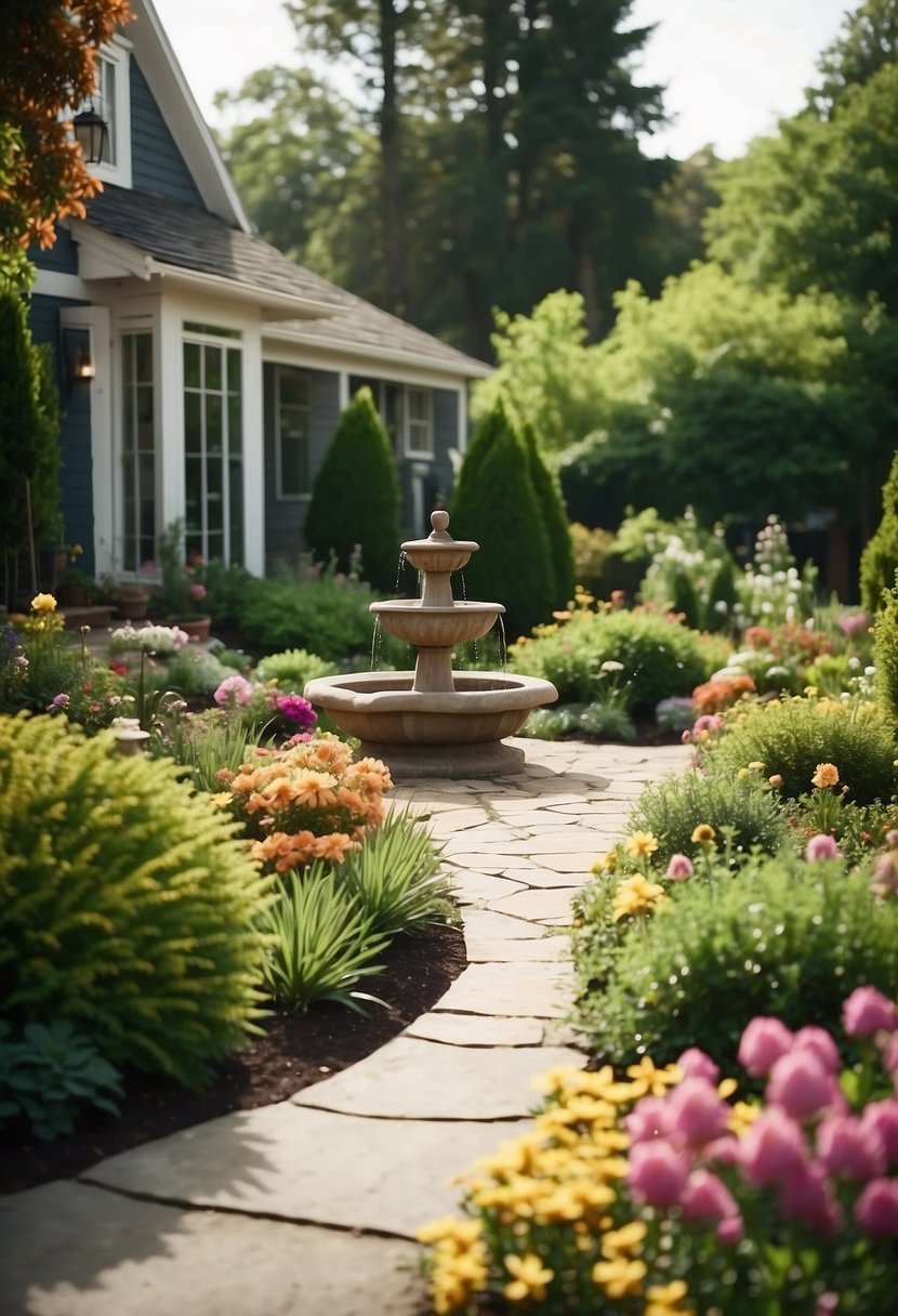 A quaint front yard with a variety of bird baths nestled among lush greenery and colorful flowers, creating a serene and inviting landscape