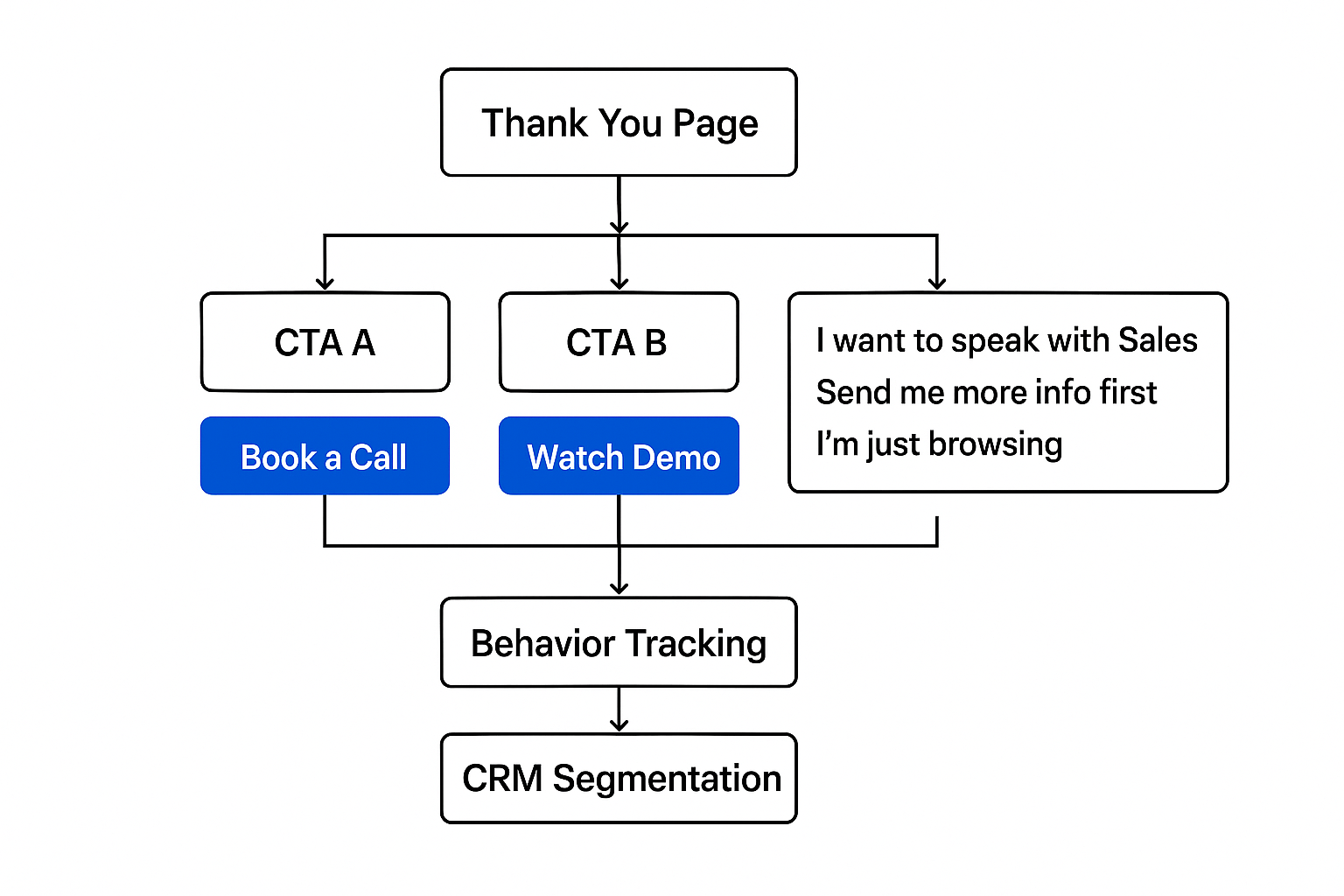 Flowchart showing user path from Thank You Page to CTAs — Book a Call, Watch Demo, or Self-Segment options — followed by behavior tracking and CRM segmentation