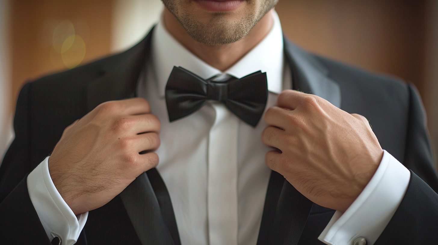 Man wearing a white tuxedo shirt with a spread collar, styled with a necktie or bow tie, under a notch-lapel or peak-lapel tuxedo, modern wedding or evening event.
