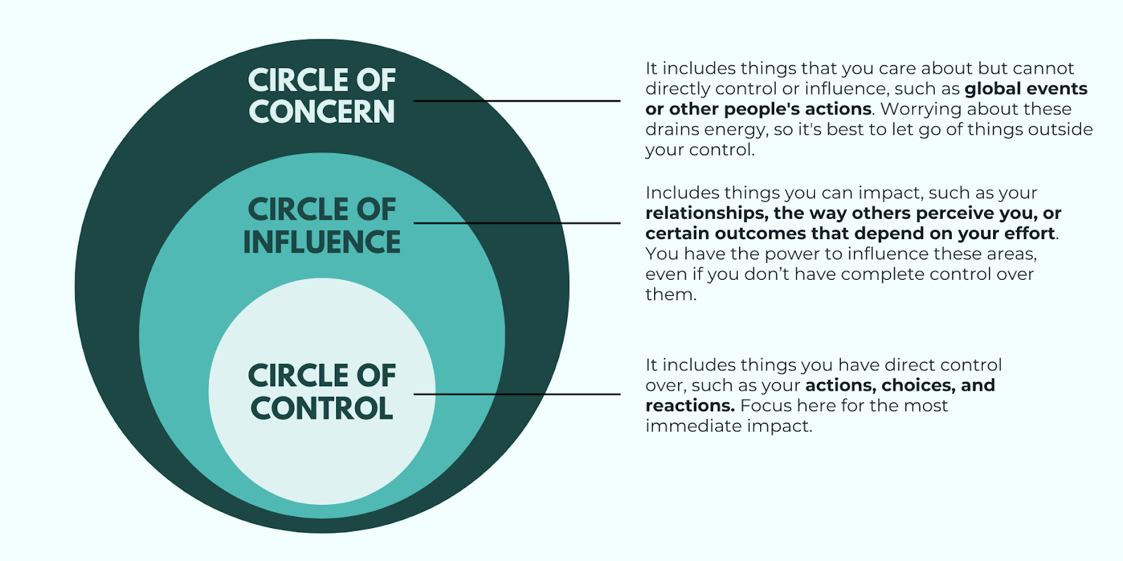 The Circle of Control by Stephen Covey, a framework that encourages focusing on what you can directly control instead of worrying about uncontrollable factors.