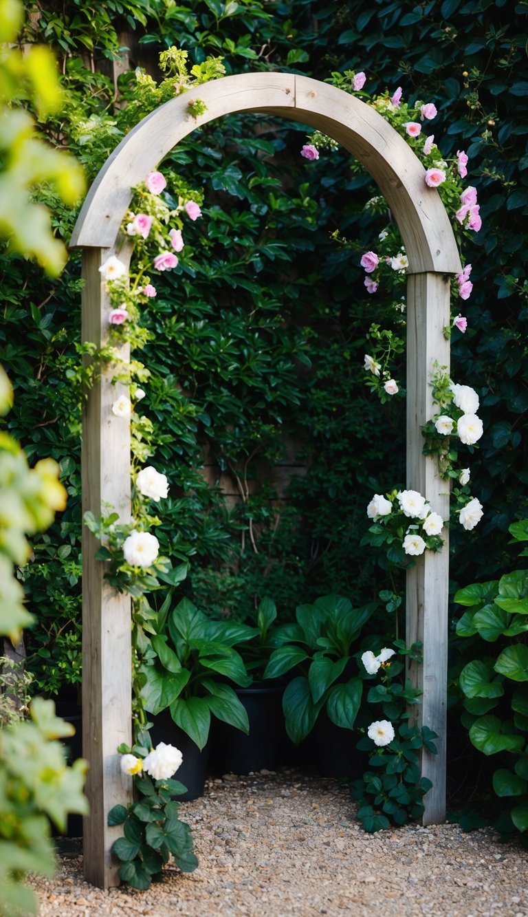 A rustic garden arch stands in the corner, adorned with climbing flowers and surrounded by lush greenery