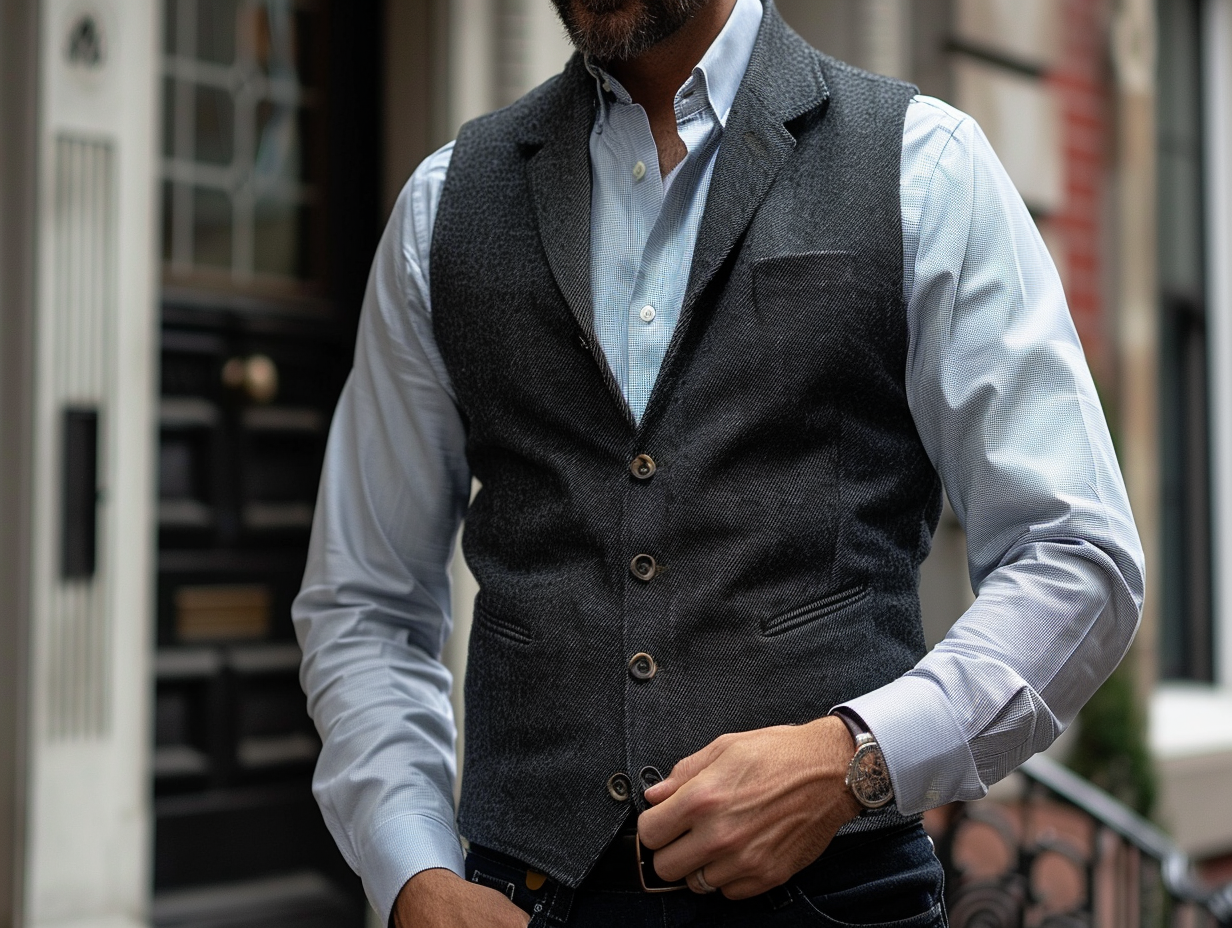 A man wearing a convertible vest, styled for versatility. The vest can be worn with or without a suit jacket, offering a relaxed, casual feel. It’s perfect for both formal and casual settings, adapting to various occasions with ease. The look is sophisticated yet comfortable, perfect for modern style.