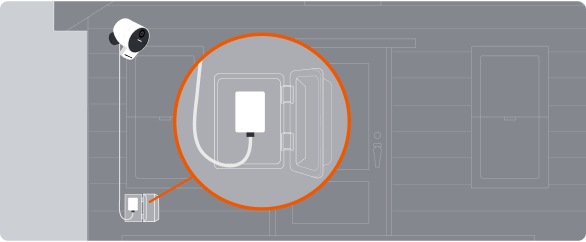 An illustration of a house with an Outdoor Camera Series 2 installed and plugged into a power outlet.