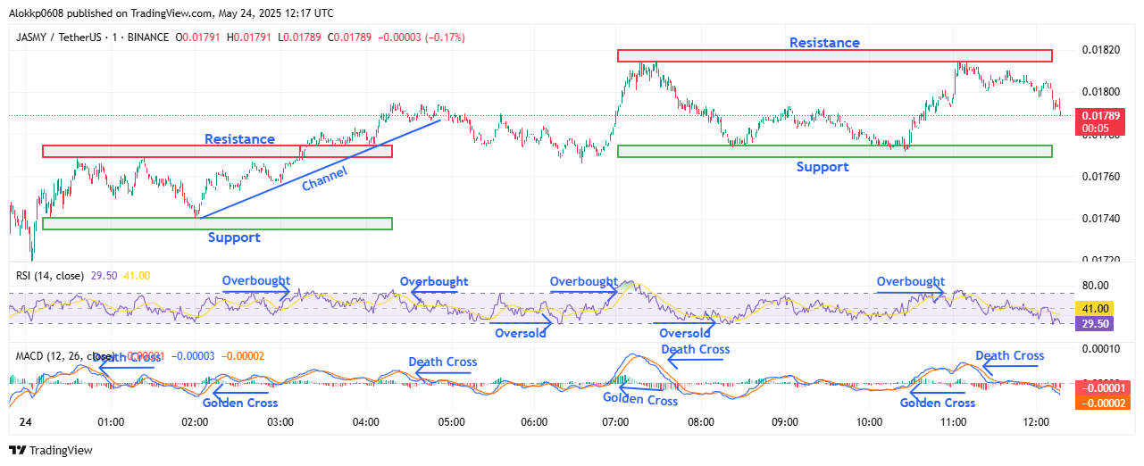 JASMY/USDT M-1 Chart, Analyzed by Alokkp0608, published on May 24th, 2025.