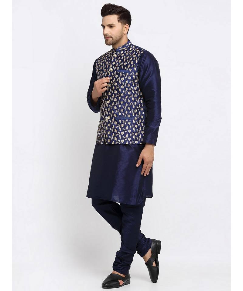 men navy blue embroidered  nehru jacket and kurta pajama