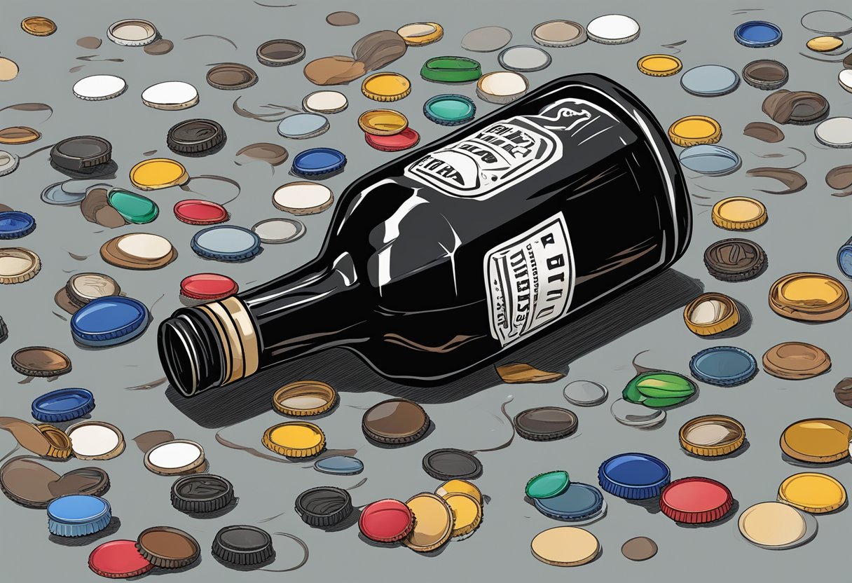 A dark, empty bottle lying on its side, surrounded by discarded bottle caps and a sense of despair