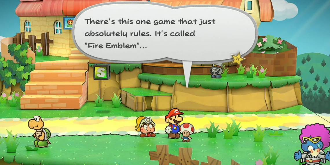 Mario talking to a toad who says "There's this one game that just absolutely rules. It's called "Fire Emblem"..."