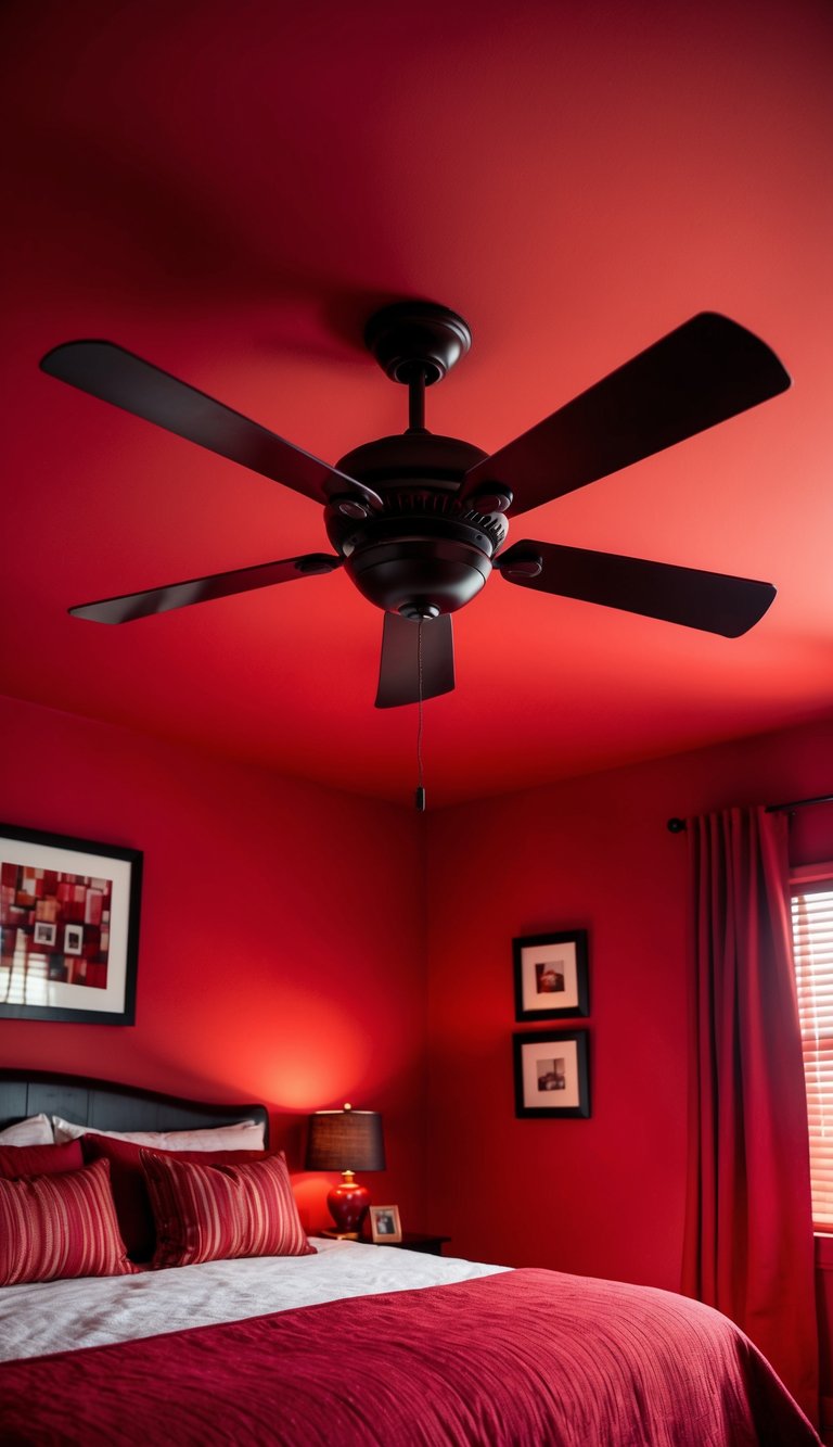 A blood-red ceiling fan spins in a crimson bedroom, casting a warm, red glow over the room's decor