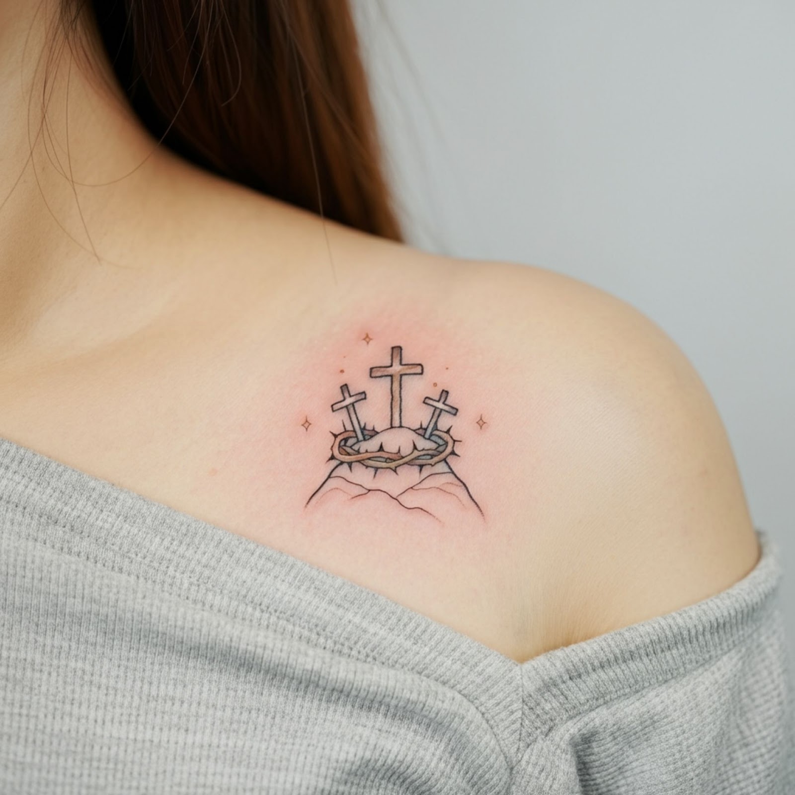 Three Crosses on a Hill with a Crown of Thorns Tattoo
