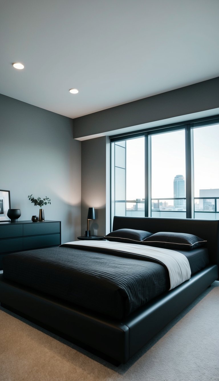 A sleek matte black bed and matching furniture in a contemporary bedroom with gray walls and minimalistic decor