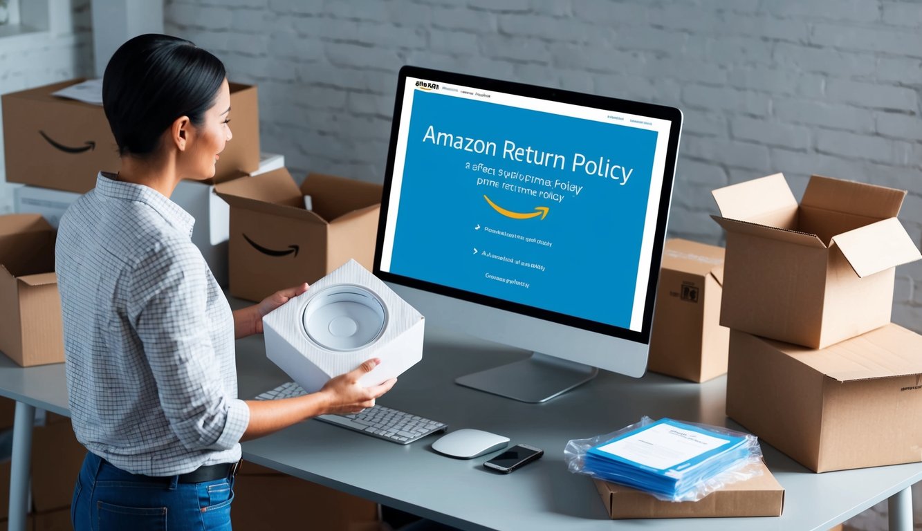 A seller standing at a shipping desk, holding a returned item and looking at a computer screen displaying the Amazon Prime return policy. Boxes and packing materials are scattered around the desk