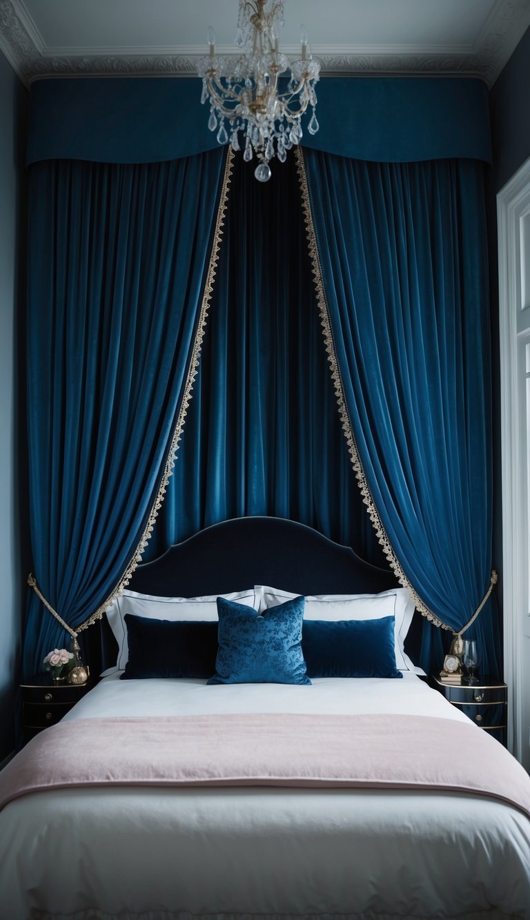 Midnight blue drapes frame a dark, feminine bedroom