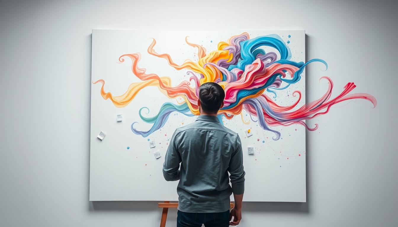 A person standing in front of a blank canvas, envisioning their desires as vibrant colors swirling and coming to life on the canvas. They have a determined and focused expression as they visualize their dreams turning into reality. There are small notes and sketches scattered around the canvas, reflecting their brainstorming process. The background is minimalistic, with shades of white and grey to emphasize the power of manifestation.