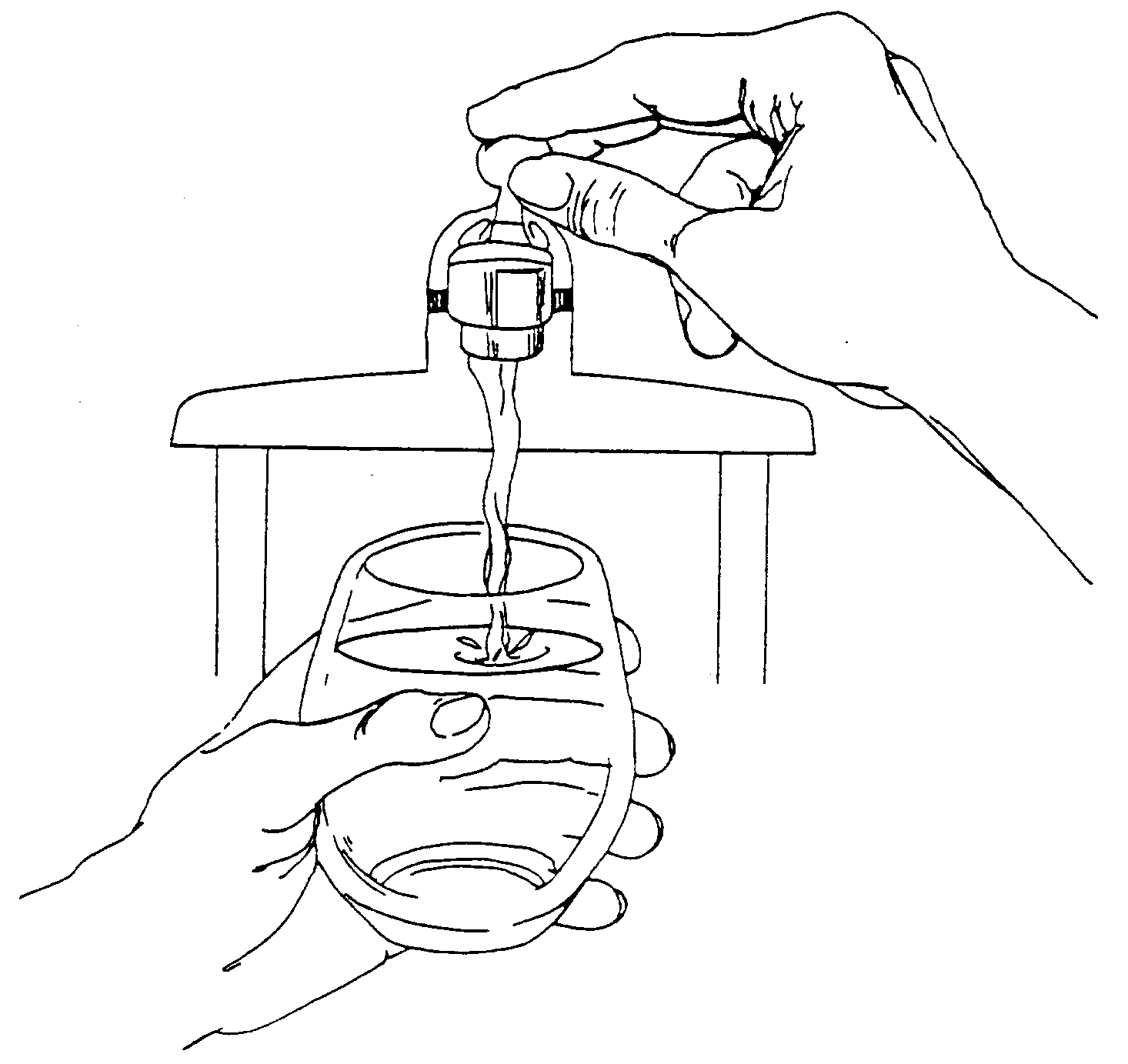 Black and white drawing of a right hand turning a faucet handle while left hand holds a glass filling with water under the faucet spout.