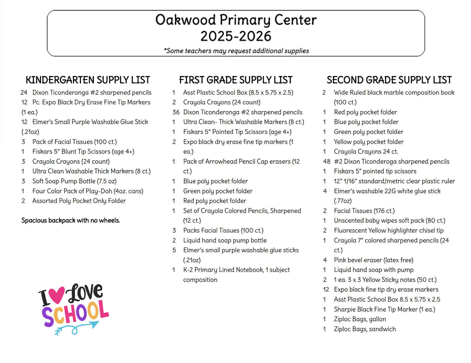Oakwood school supply list in english