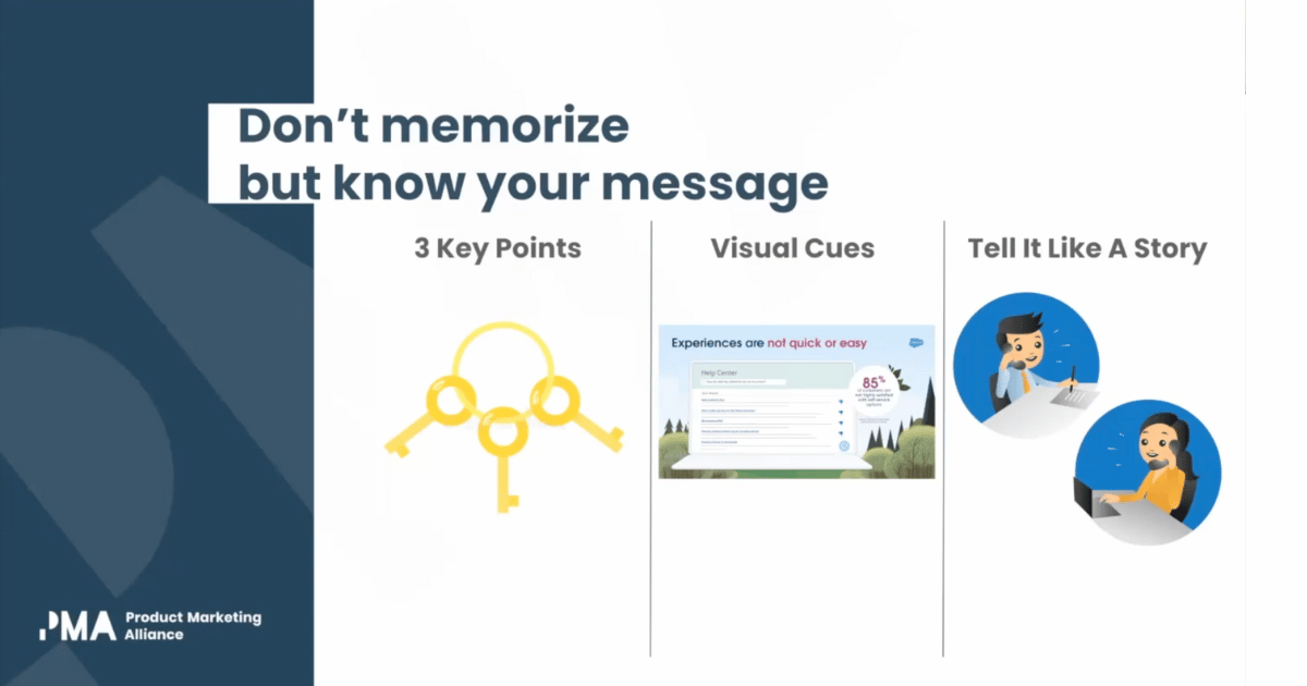 Preparing for your presentation. Don't memorize, but know your three key messages, use visual cues,  tell it like a story