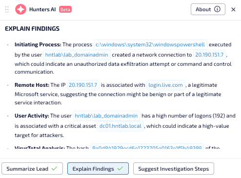 Screenshot of Explain Findings functionality from Hunters AI-assisted investigation within Hunters Next-Gen SIEM, detailing the process that was executed, by how, and were - providing additional information for the investigation.