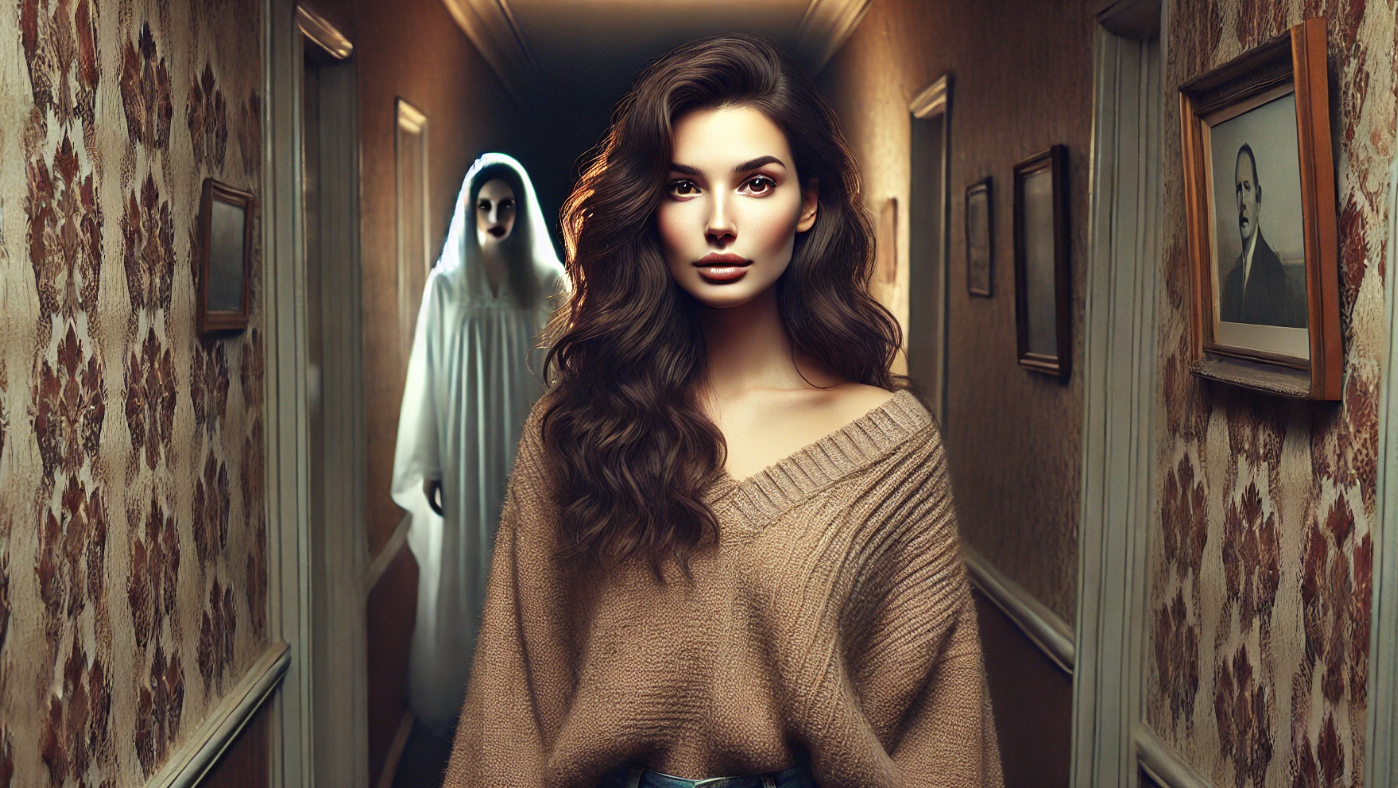 A young woman with long, wavy brown hair and a calm expression walks down a dimly lit hallway in an old house. Unbeknownst to her, a ghostly figure dressed in a flowing white gown with a hollow-eyed, eerie face lurks in the shadows behind her. The hallway’s vintage wallpaper, framed portraits, and warm lighting contrast with the unsettling supernatural presence, creating an ominous and suspenseful atmosphere.