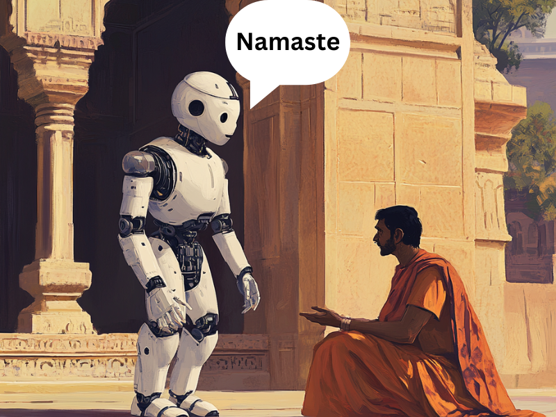 A robot talking to an Indian man