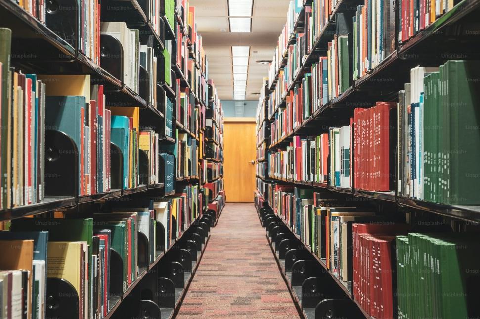 a long row of books in a library