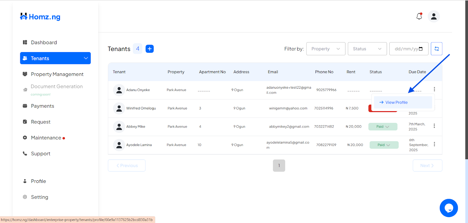 How to add and Update a Tenant's Profile on Homz as a Property Manager