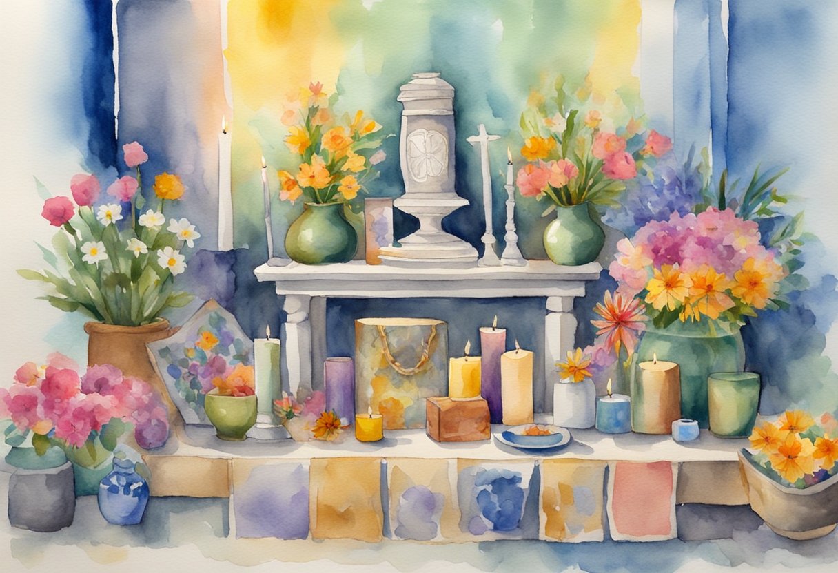 Un resguardo en Santería: un pequeño altar con ofrendas, velas y objetos simbólicos, rodeado de flores frescas y telas coloridas.