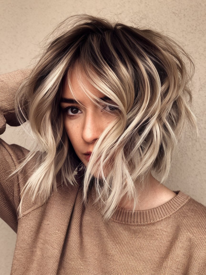 37. Layered Inverted Bob with Blonde Balayage