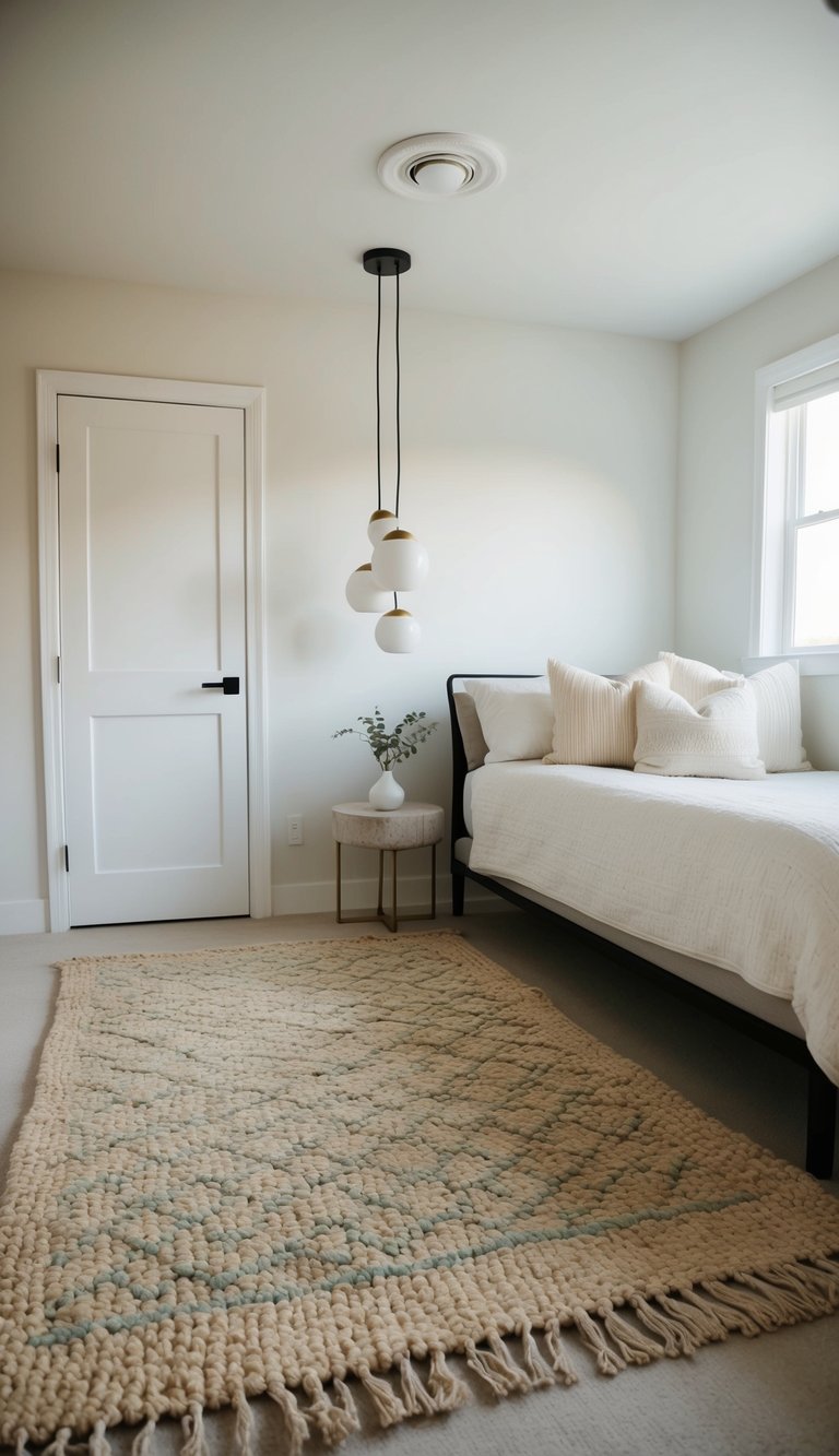 A cozy, handwoven area rug anchors the serene guest bedroom, surrounded by soft lighting and minimalist decor