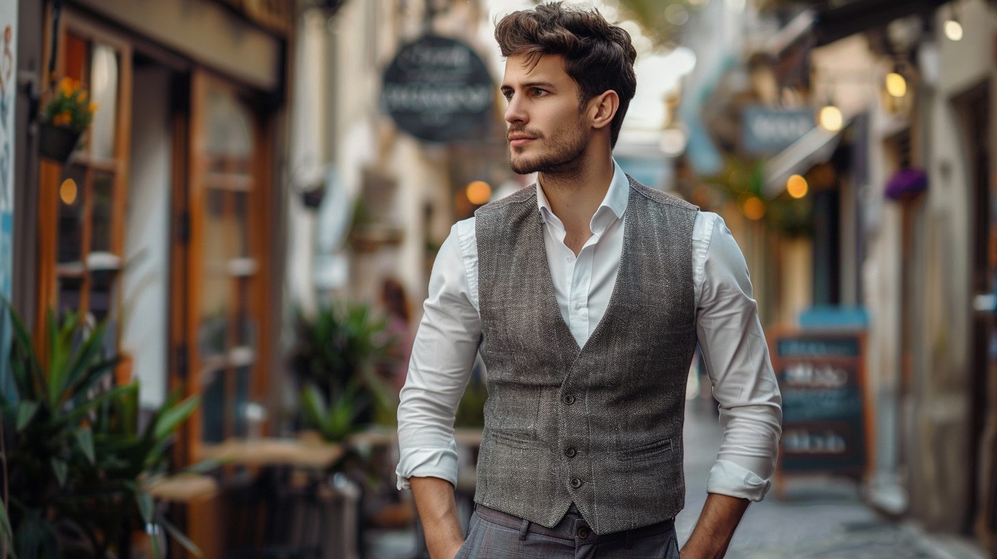 Stylish man wearing a suit vest casually without a jacket, paired with chinos and a crisp button-up shirt, modern street or cafe setting, confident relaxed pose, diverse textures like wool or linen, smart-casual vibe, warm natural lighting