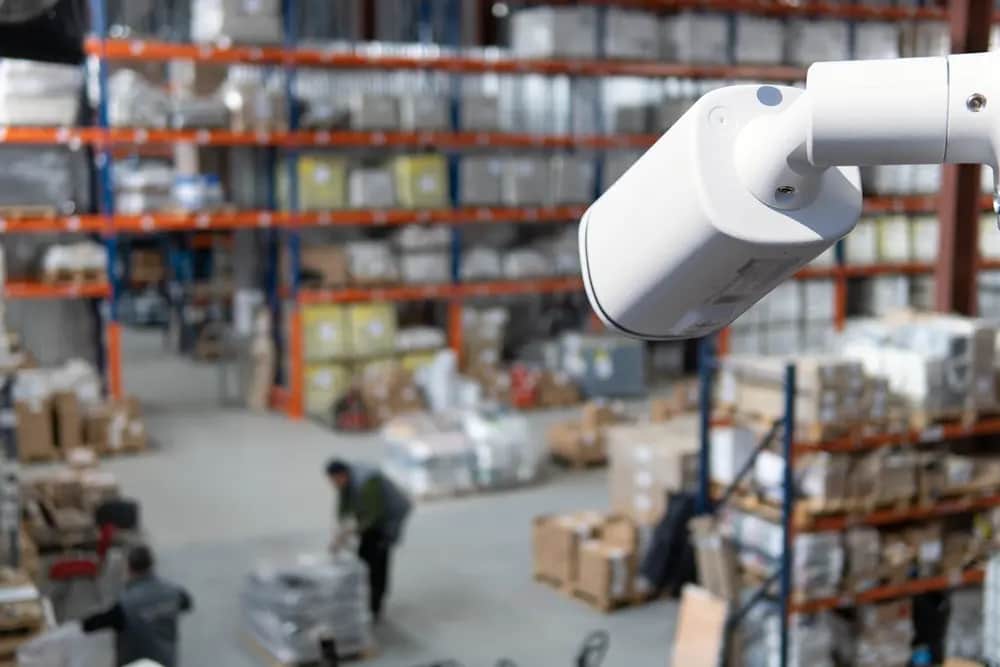 A modern CCTV camera provides surveillance over a bustling warehouse, illustrating key supply chain protection measures