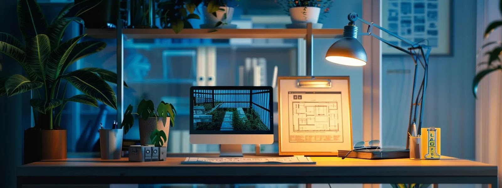 Home office desk with computer displaying garden fence design, architectural plans, potted plants, and desk lamp, reflecting CK Fencing Contractors' focus on garden fencing installation services.