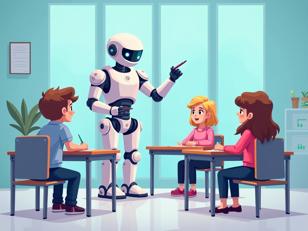 A robot teaching students in  a classroom