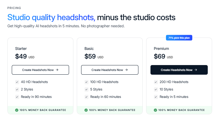 InstaHeadshots offers three different headshot packages starting from $49 for 40 HD headshots