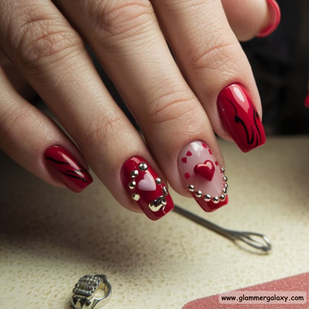 Red Summer Nails having Edgy Studs