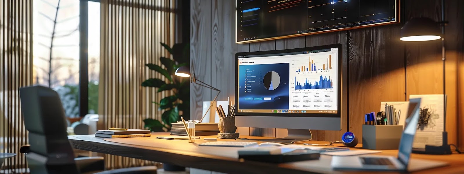 a modern desk with a computer displaying various estate planning software options like legalzoom, showing charts and graphs related to tax law and retirement planning.