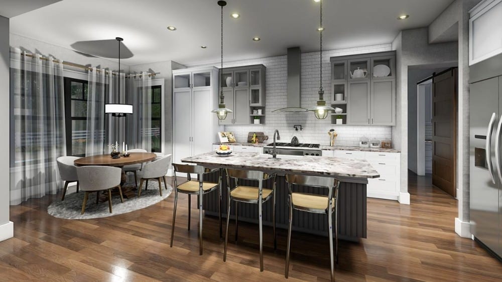 Eat-in kitchen with gray cabinets, marble countertops, a round dining set, and a breakfast island.