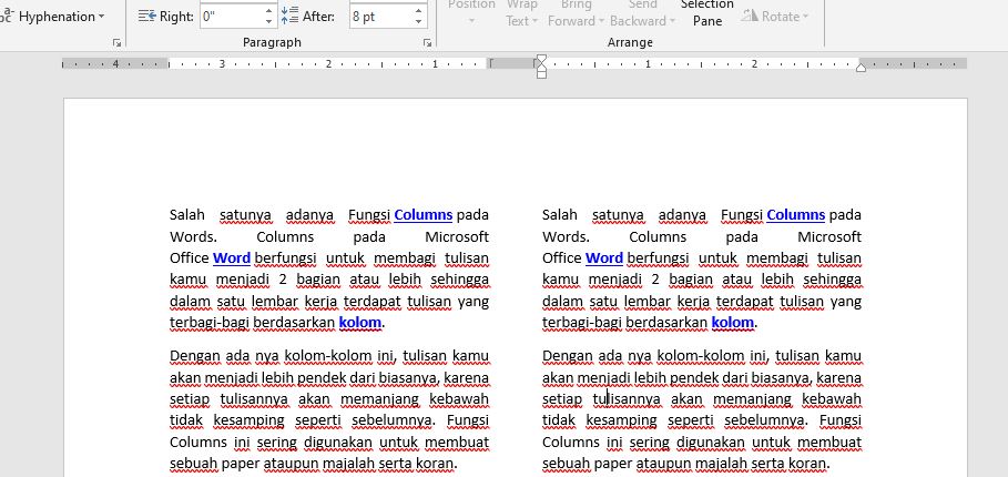 tampilan akhir setelah diatur 2 kolom di word