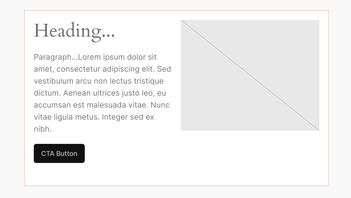 A render of the custom block template with placeholder values in the WordPress editor.