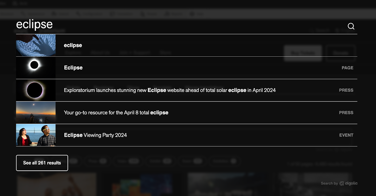 An example of Algolia's autocomplete library using the back-end of the Exploratorium website while searching for the term "eclipse"