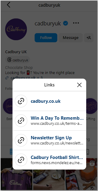 Cadbury's bio links on Instagram