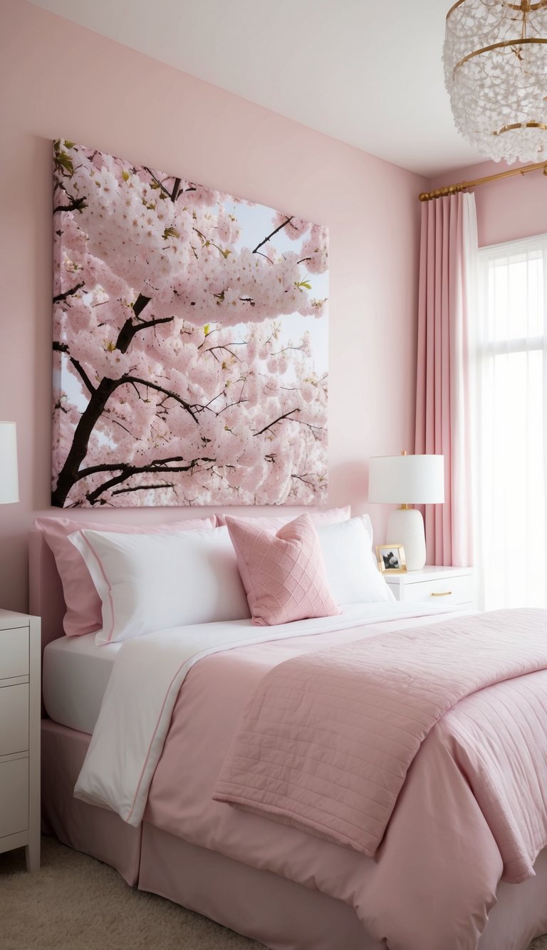 A serene bedroom with soft pink decor, featuring a large canvas of cherry blossoms in full bloom