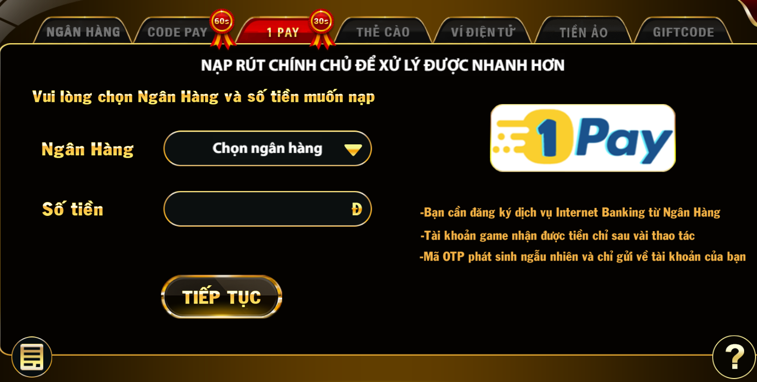 Cách nạp tiền vào go88 nhanh chóng qua 1Pay