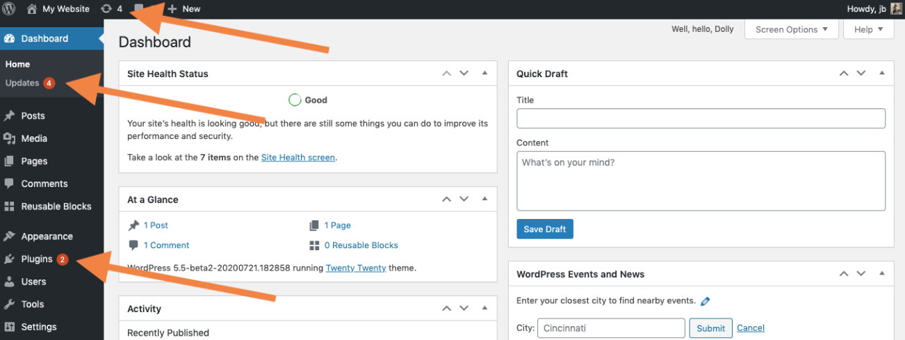 WordPress dashboard