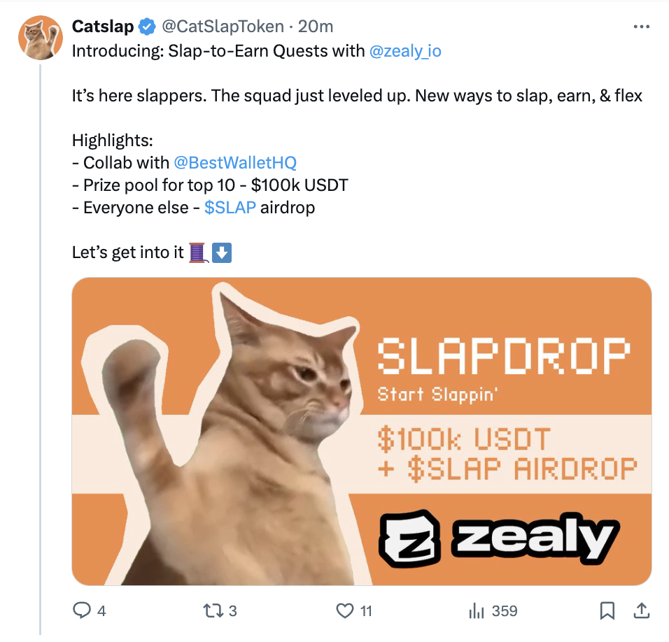 Higher Than Popcat, Catslap Slap-to-Earn Prizes And Airdrop Might Trigger SLAP Value To Soar 100% Previous alt=